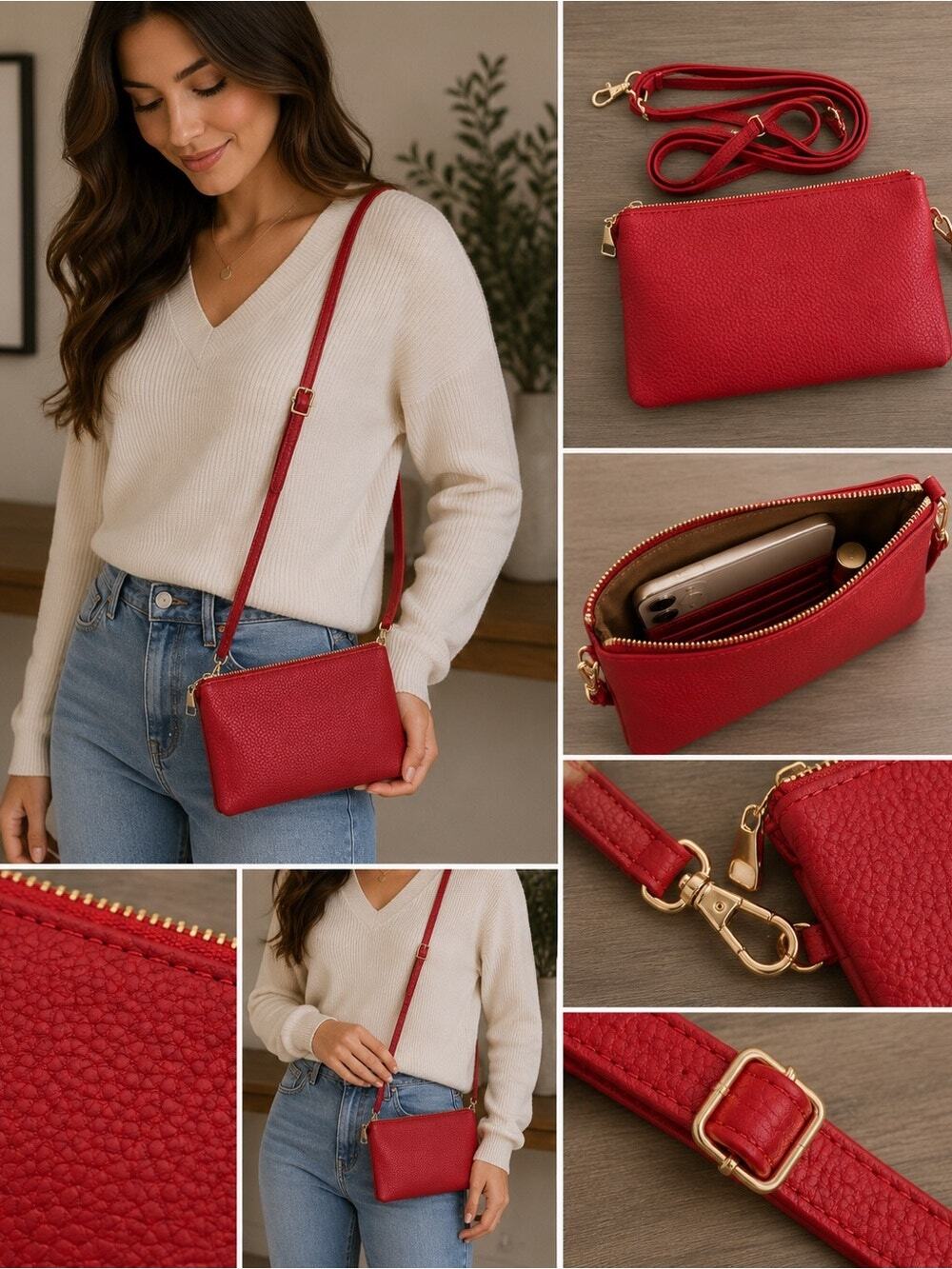 Red Pebbled Faux Leather Crossbody Clutch Wallet Purse Gold Hardware Strap